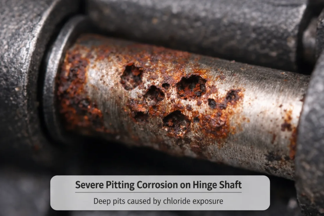 Pitting corrosion on stainless steel hinge shaft caused by repeated chloride disinfectant exposure