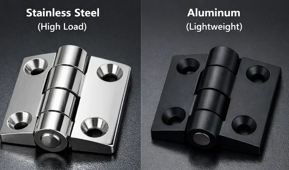 Comparaison côte à côte de charnières en acier inoxydable et en aluminium montrant la résistance de la charge et la légèreté de la conception.