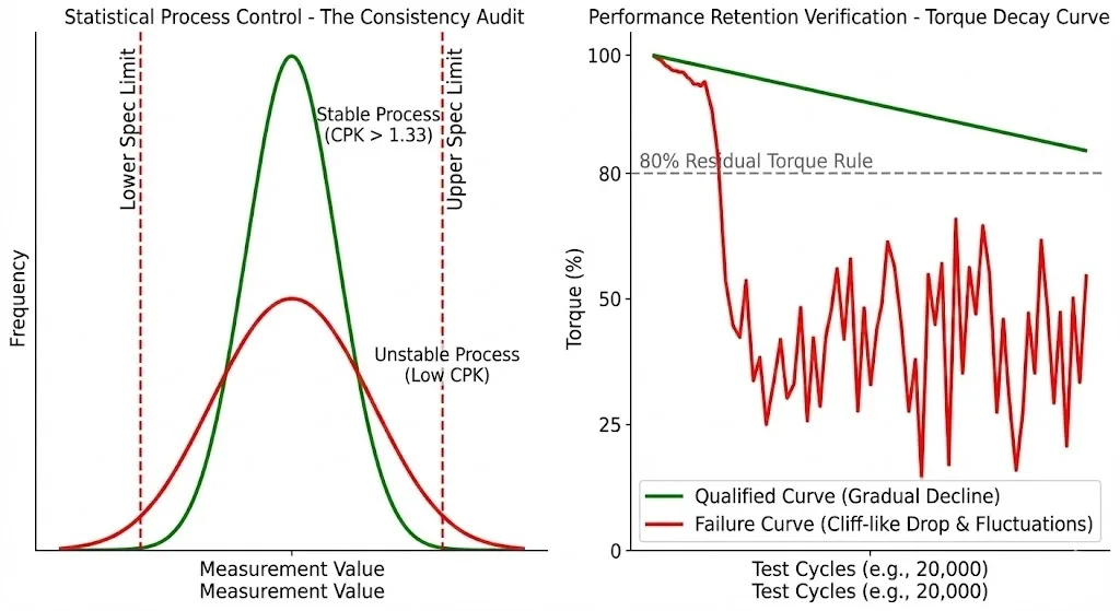 CPK distribution chart and torque decay curve showing stable vs unstable process quality.