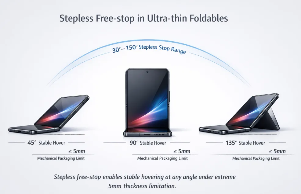Stepless free-stop hinge enables stable hover at 45°, 90°, 135° in ≤5mm ultra-thin foldables.