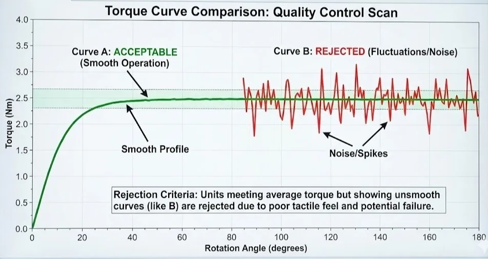 Graph comparing a smooth acceptable green torque curve vs a noisy rejected red curve with spikes