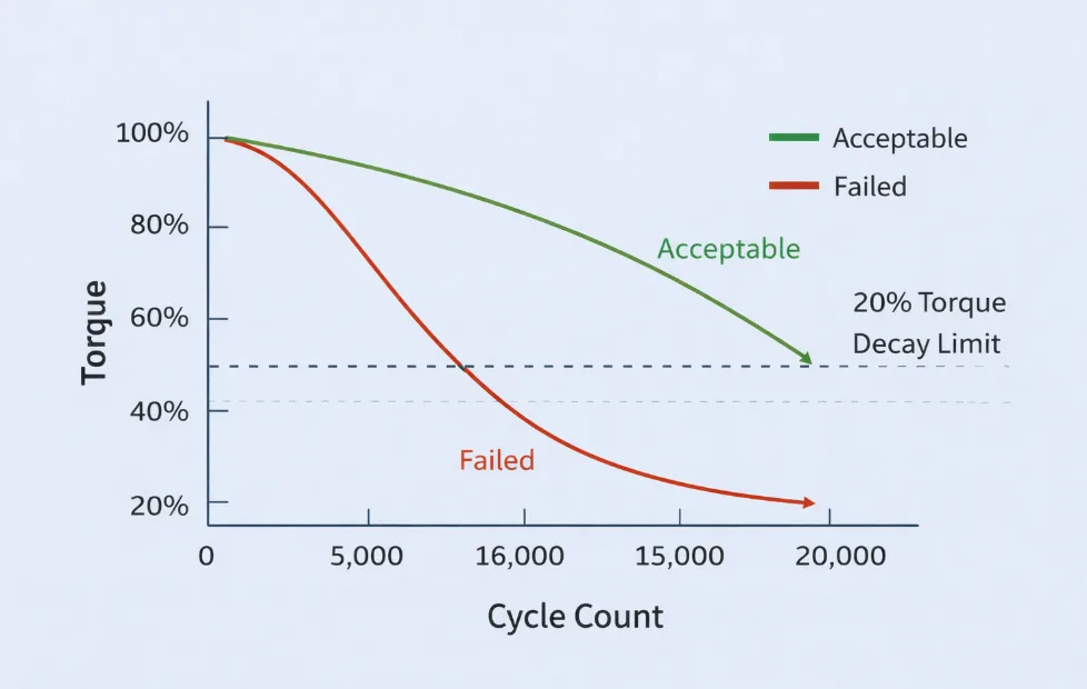 Graph showing acceptable vs. failed torque decay curves over 20,000 cycles.