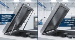 Industrial lid comparison: left uses gas springs, right uses integrated torque hinges showing design differences.