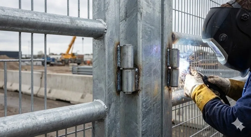 Welder arc welding heavy-duty bullet hinge to industrial steel gate