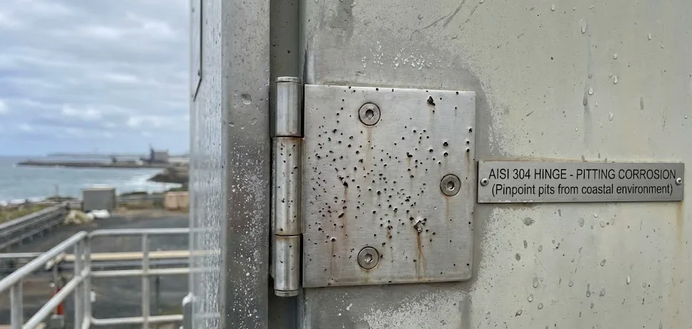 Cerniera in AISI 304 su custodia costiera che presenta puntinature e gocce d'acqua.