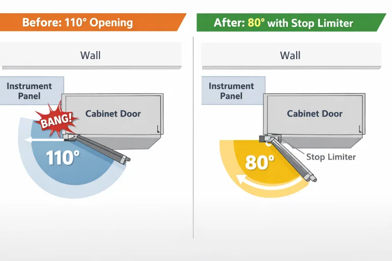 Die Abbildung zeigt einen eingebauten Anschlag, der den Türschwung begrenzt, um einen Kontakt mit dem Paneel oder der Wand zu verhindern.