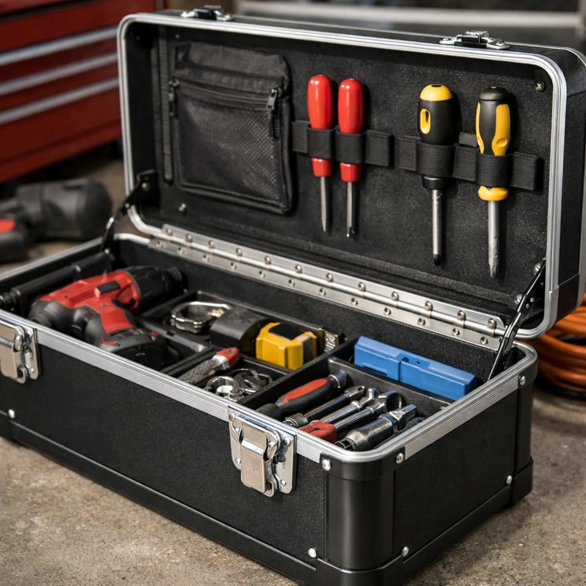 Open toolbox with continuous piano hinge and neatly organized tools in lid and base.