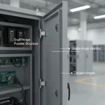 Armoire industrielle ouverte montrant la structure parallèle à double charnière et les étiquettes de charnière de couple.