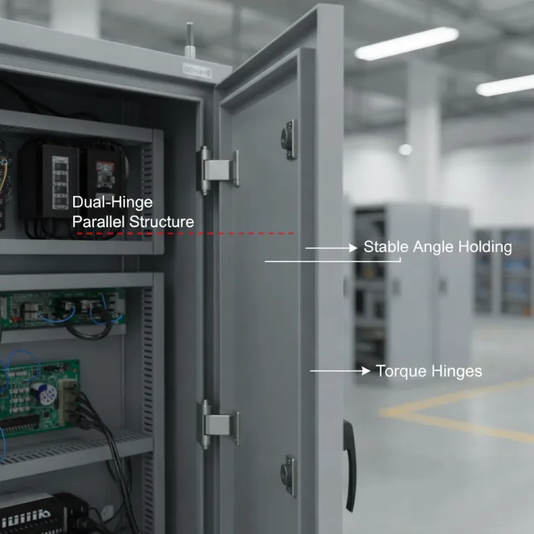 Open industrial cabinet showing dual-hinge parallel structure and torque hinge labels.