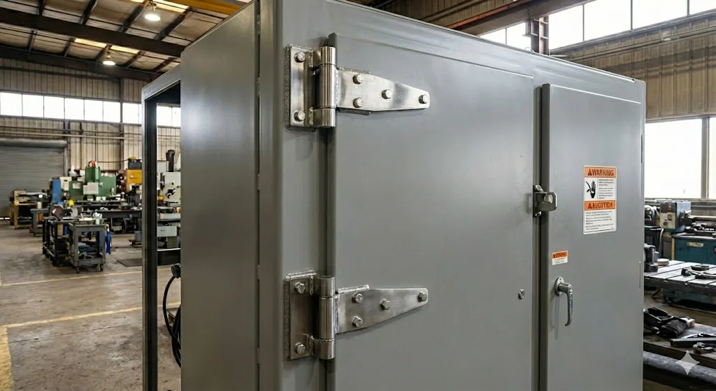 External strap hinges bolted outside an industrial cabinet door in a workshop.