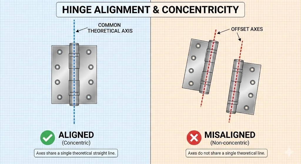 올바른 힌지 정렬과 오정렬을 보여주는 기술 다이어그램입니다.