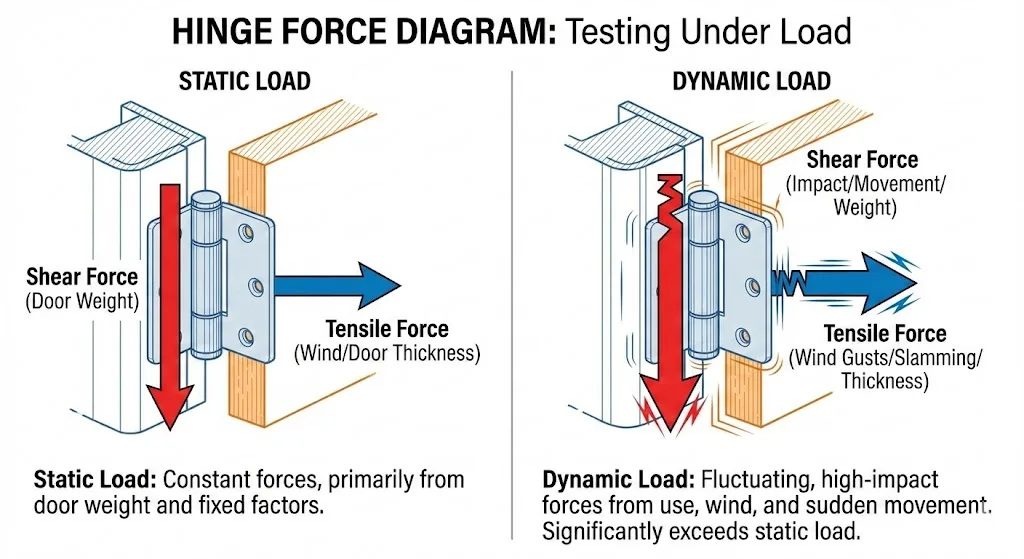 Door hinge force diagram showing shear and tensile forces under static vs dynamic load.