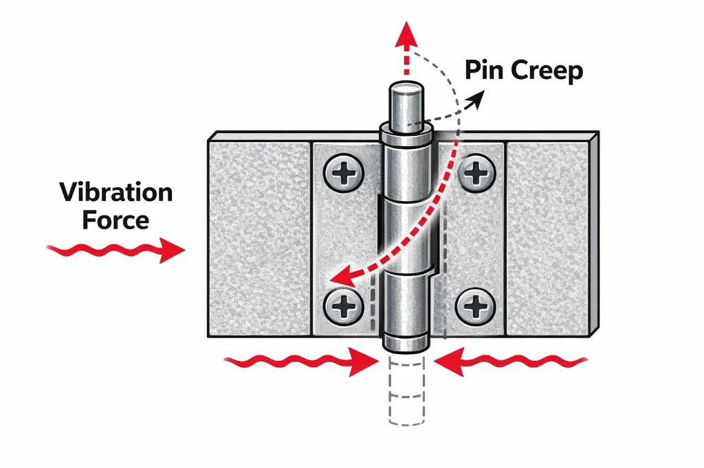 Schematic of vibration driving loose hinge pin creep upward, with force and motion arrows.