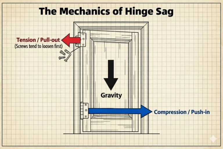 Door hinge sag force diagram showing gravity, top-hinge pull-out, and bottom-hinge push-in.