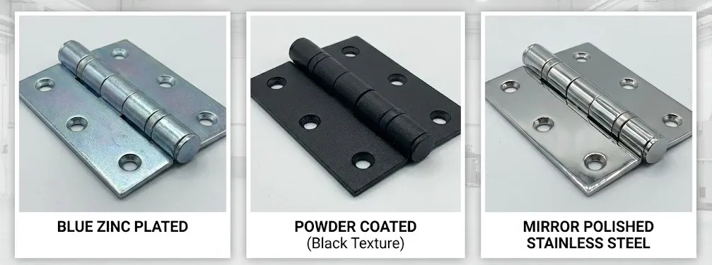 Tre cerniere a confronto: zincata blu, verniciata a polvere nera e lucidata a specchio.