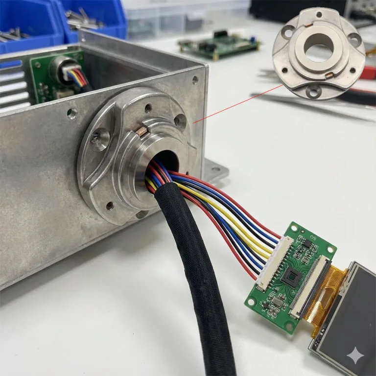 Hollow torque hinge routing a wiring harness through the shaft to a touchscreen module.