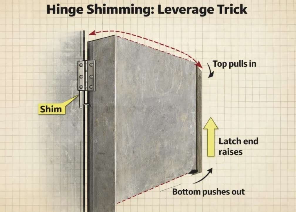 심 배치 및 래치 측면 리프트를 보여주는 산업용 도어 힌지 심 다이어그램.