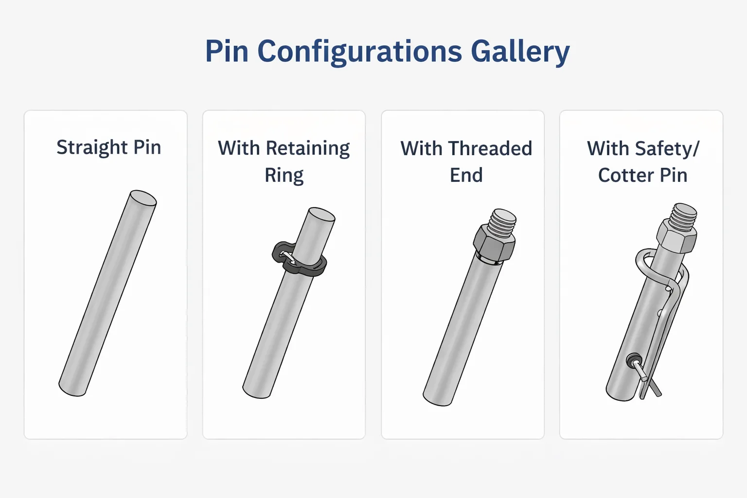 Pin configurations gallery: straight, retaining ring, threaded end, and safety cotter pin
