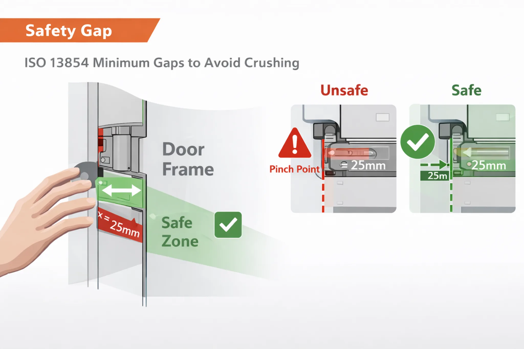Diagrama de folga de segurança ISO 13854 mostrando o risco de ponto de aperto vs. folga segura ≥25 mm.