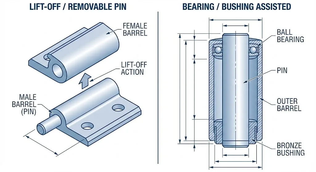 Diagram of lift-off hinge with male/female barrels and cutaway showing ball bearing or bronze bushing