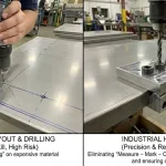 Split-screen showing manual hinge drilling vs industrial hinge jig for repeatable, accurate holes.
