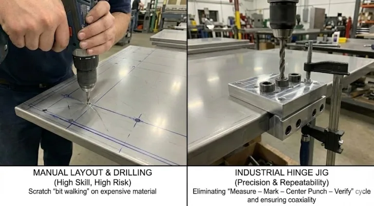 Split-screen showing manual hinge drilling vs industrial hinge jig for repeatable, accurate holes.