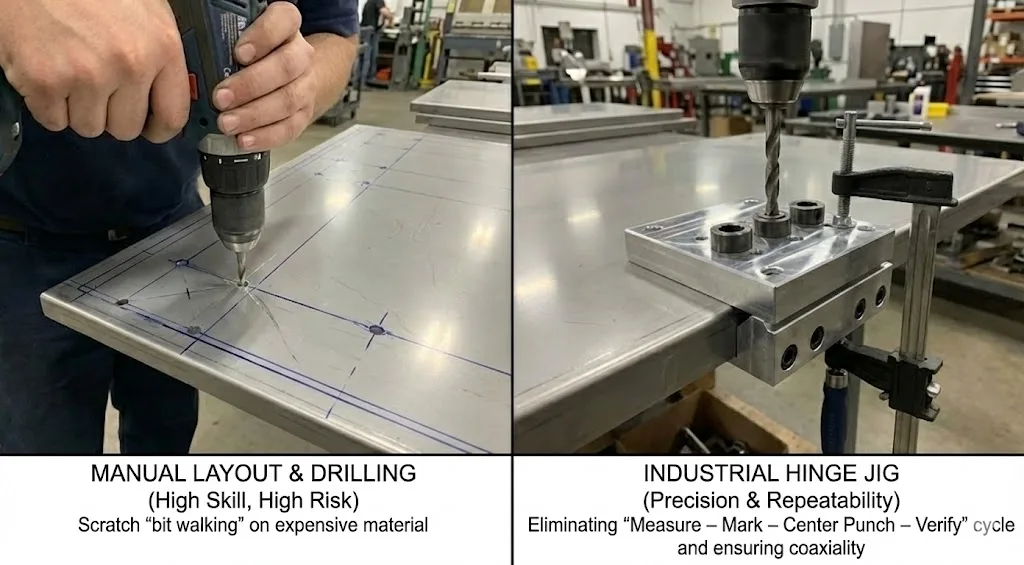 Split-screen showing manual hinge drilling vs industrial hinge jig for repeatable, accurate holes.
