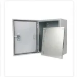 Removable pin hinge on an industrial electrical enclosure door, shown with door open