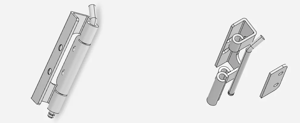 Exploded view of removable pin industrial hinge showing two leaves and pull-out pin