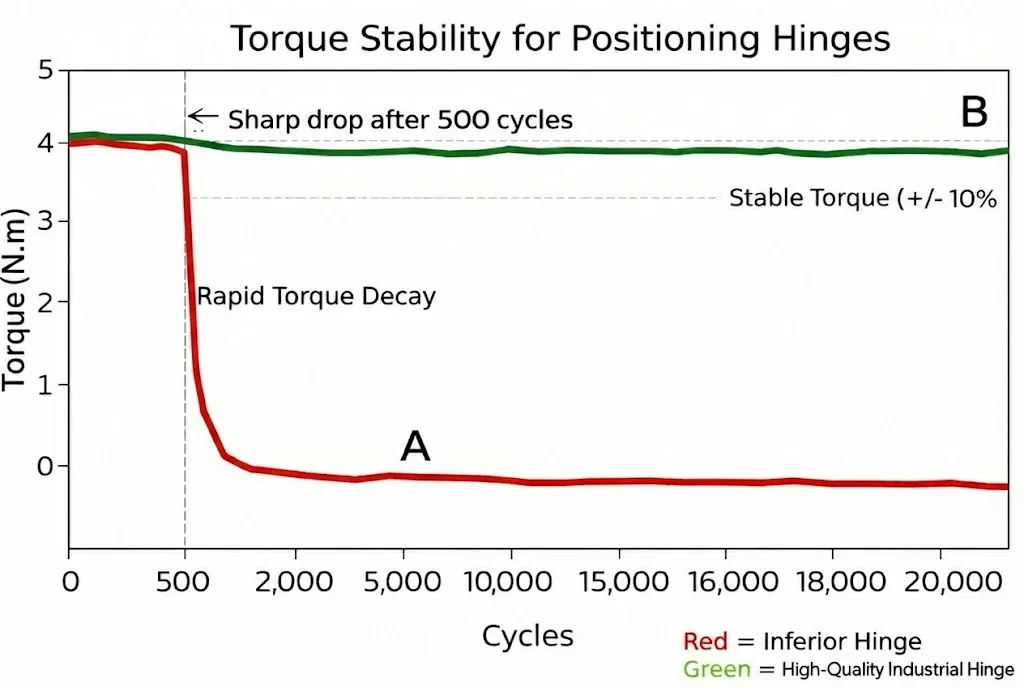 Comparison chart of torque decay between high-quality and generic friction hinges over 20,000 cycles.