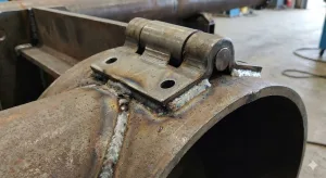 Weld-on hinge fillet-welded to a round steel post, showing mounting without a flat surface