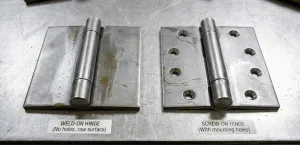 weld-on (no holes) vs screw-on (mounting holes) on workbench.