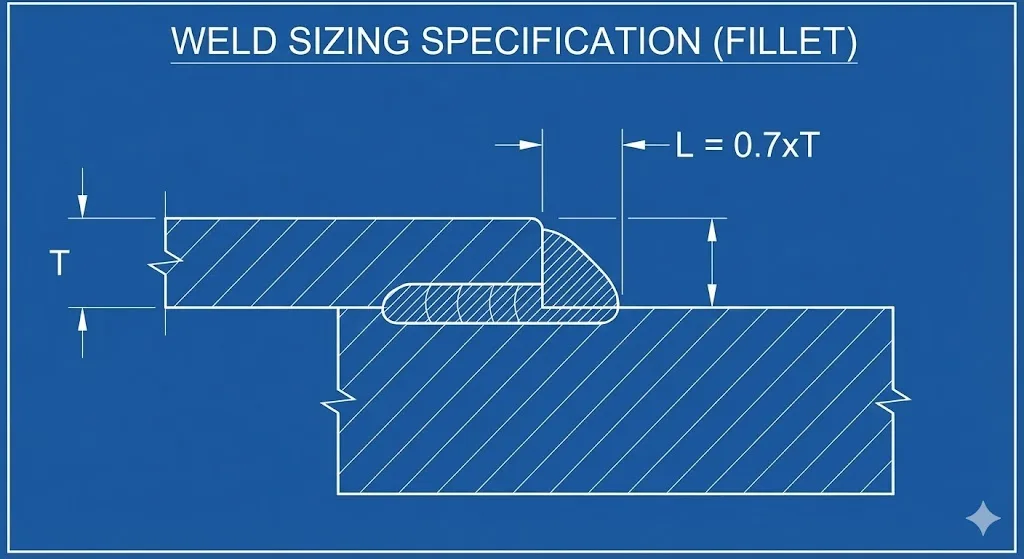 Blueprint CAD showing fillet weld leg size L = 0.7×T based on hinge plate thickness