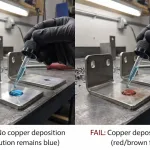 Test au sulfate de cuivre : solution bleue réussie, film de cuivre rouge/brun non réussi