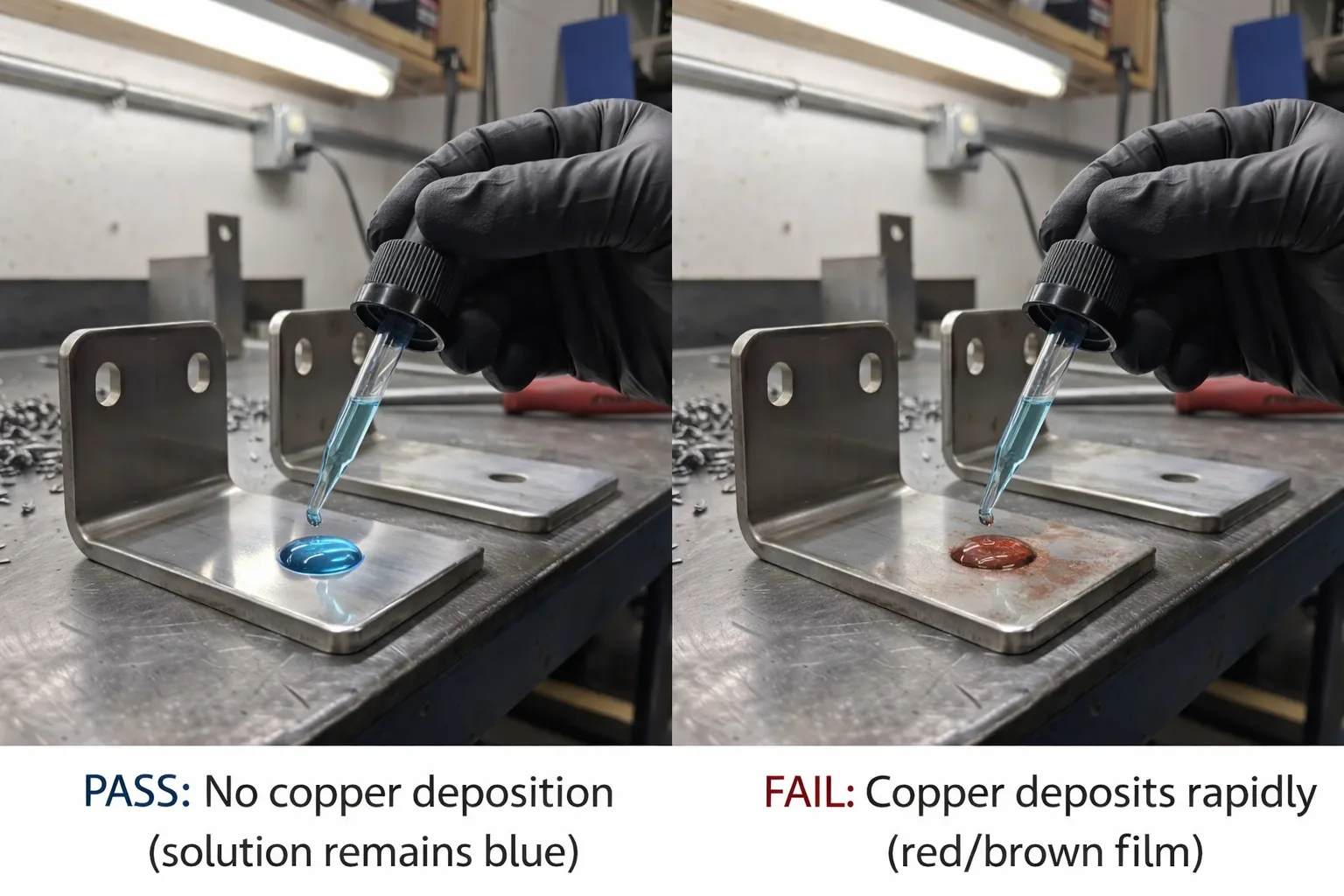 Copper sulfate test: pass shows blue solution, fail shows red/brown copper film