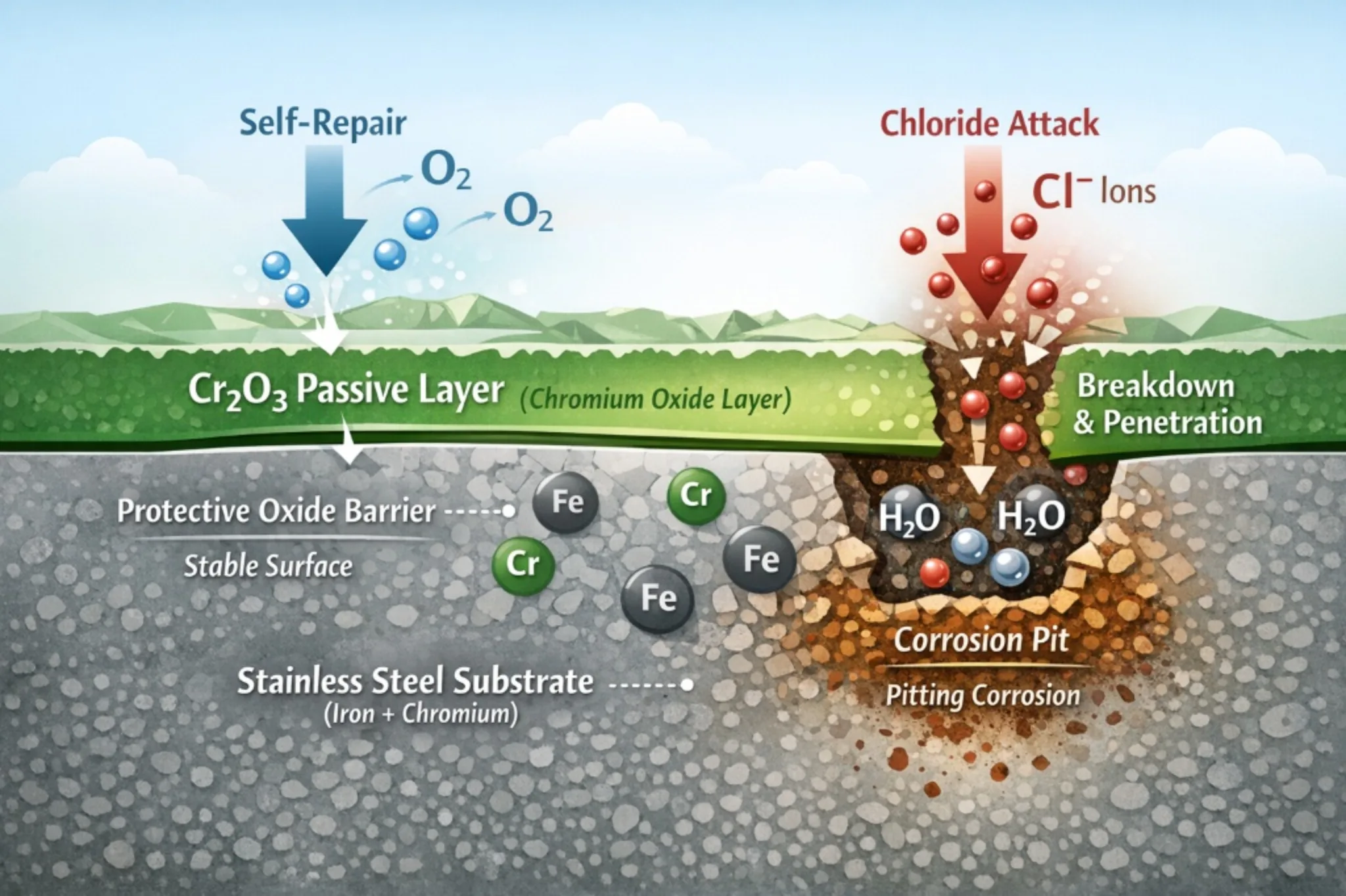 Diagram of Cr2O3 passive layer self-repair by oxygen and chloride-induced pitting attack