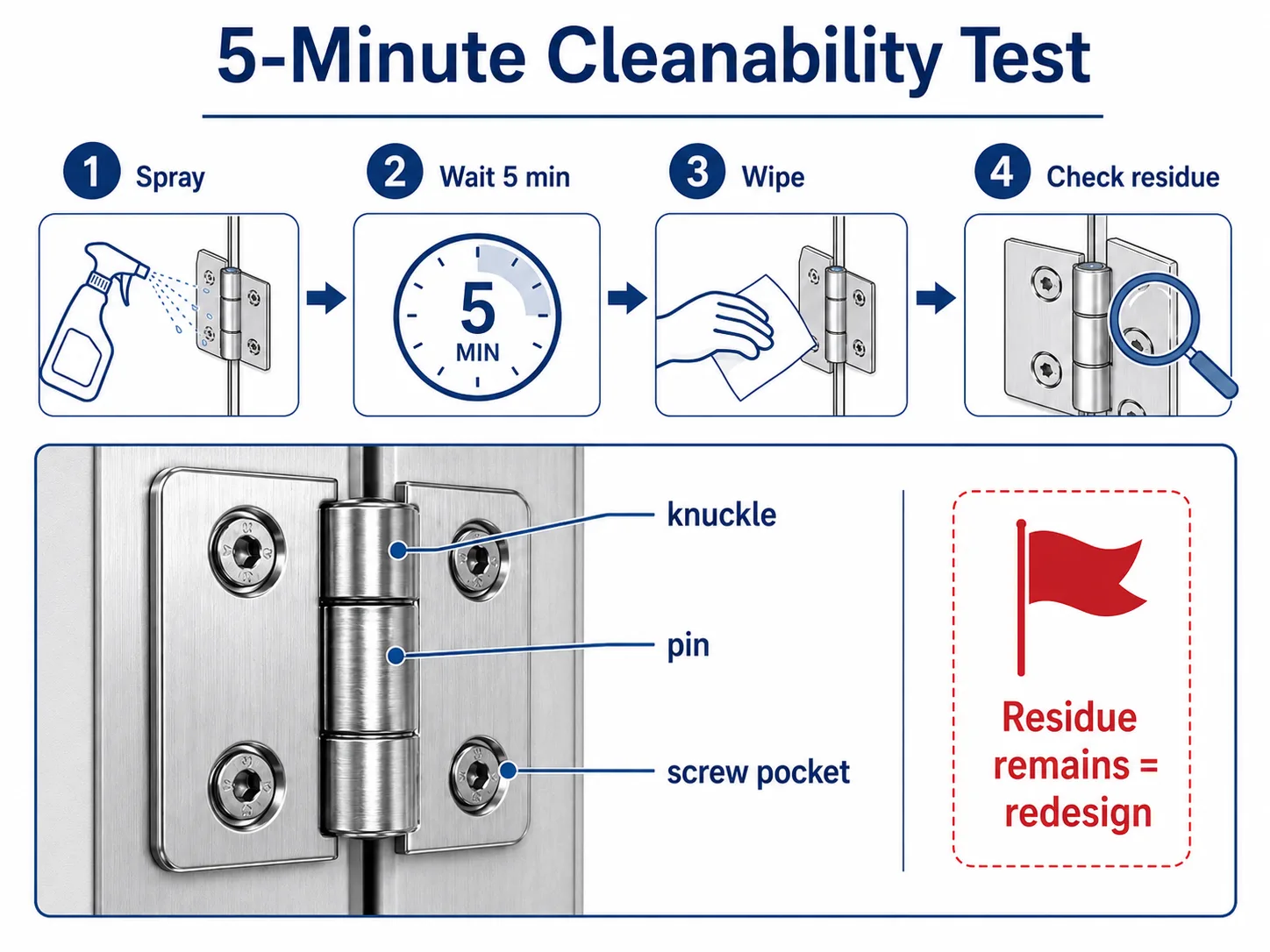 Test de nettoyabilité de cinq minutes pour les charnières d'armoires pharmaceutiques avant l'approbation de l'échantillon