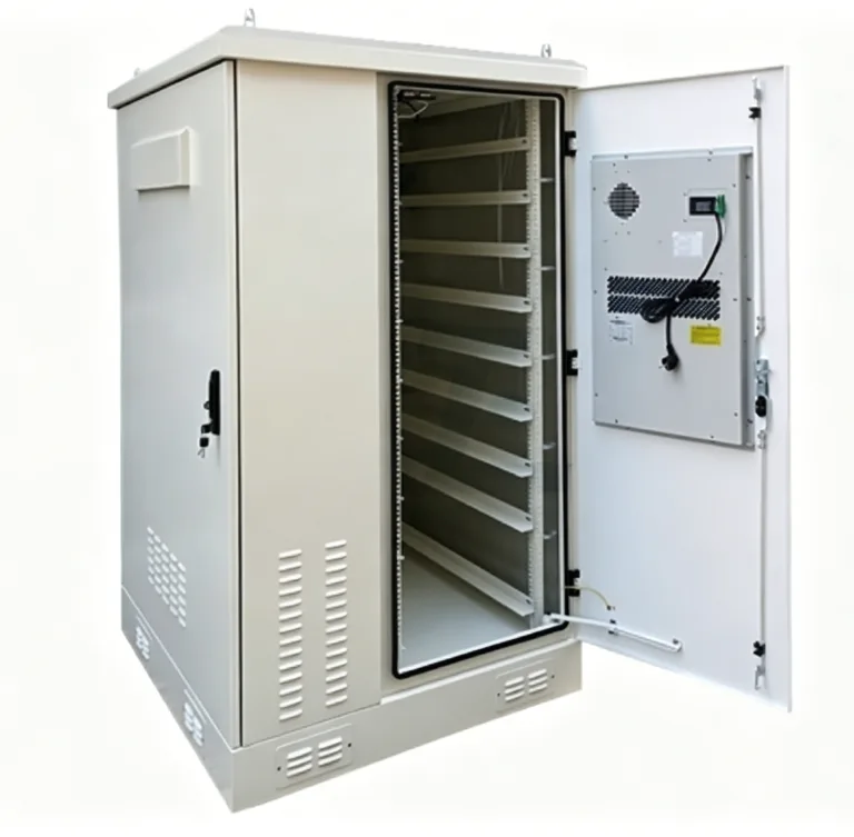 BESS enclosure service door application showing hinge-side mounting, gasket line, and battery cabinet access