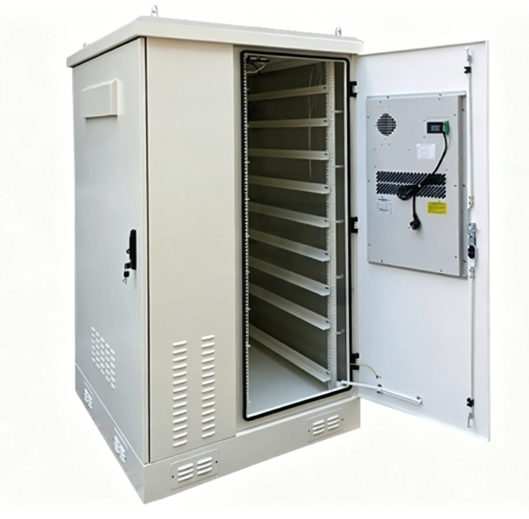 BESS enclosure service door application showing hinge-side mounting, gasket line, and battery cabinet access