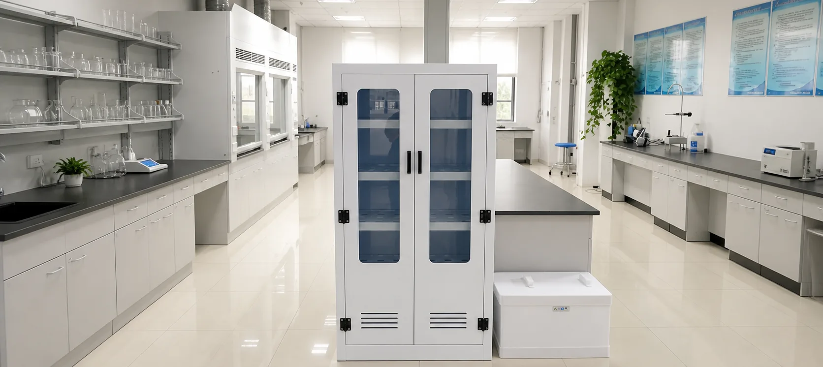 Cerniere per armadietti per camere bianche installate su un'unità di stoccaggio in acciaio inox bianco in un ambiente di laboratorio farmaceutico.