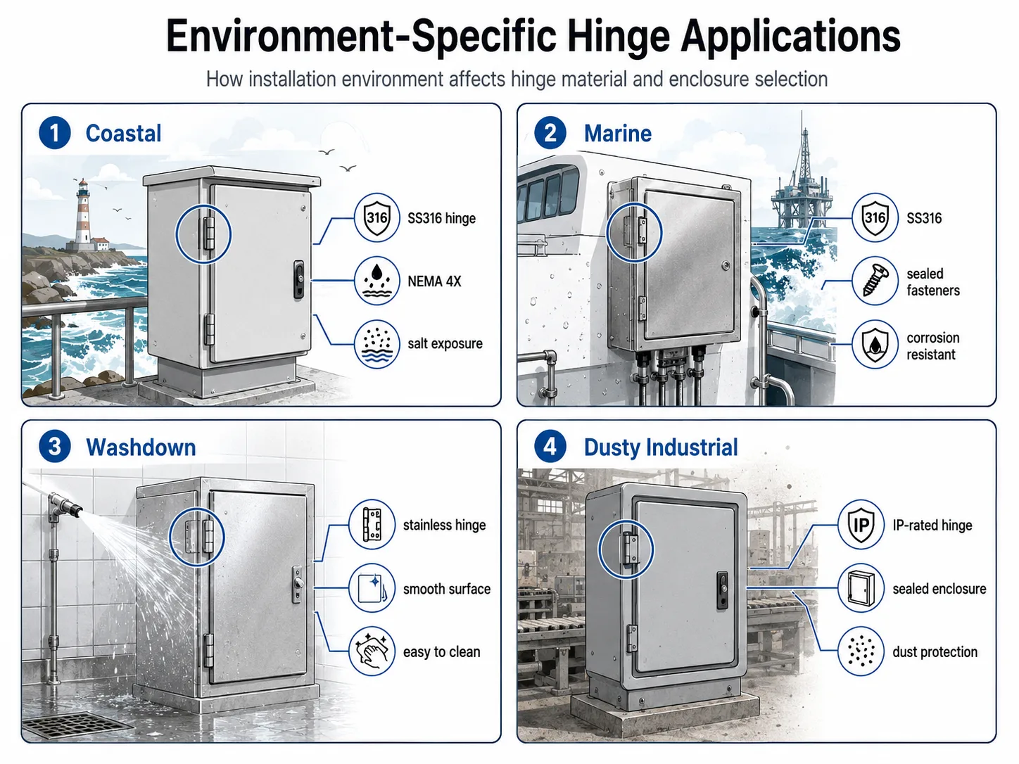 Environment-specific enclosure hinge applications for coastal marine washdown and dusty industrial environments