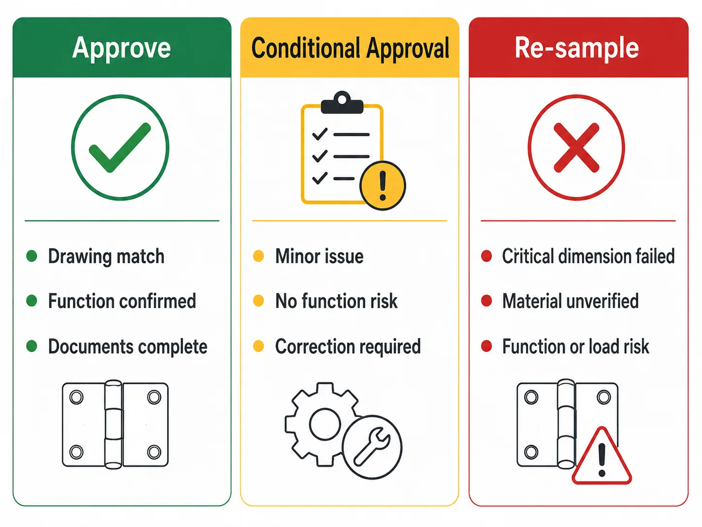 Hinge sample approval decision matrix for approve conditional approval and re-sample