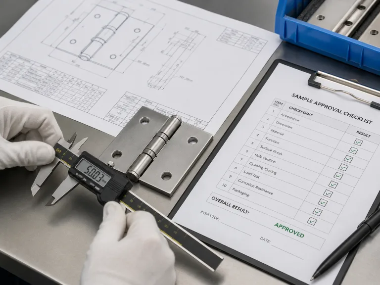OEM hinge sample approval inspection with drawing caliper and checklist