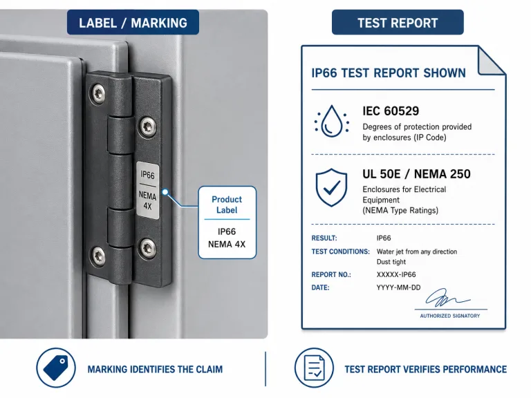 IP-rated and NEMA-rated enclosure hinge label vs test report for specification checks