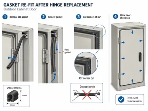 Outdoor cabinet hinge retrofit showing uneven door gap and gasket compression risk