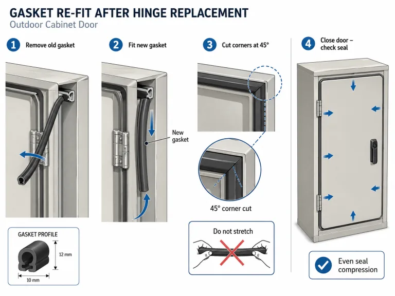 Outdoor cabinet hinge retrofit showing uneven door gap and gasket compression risk