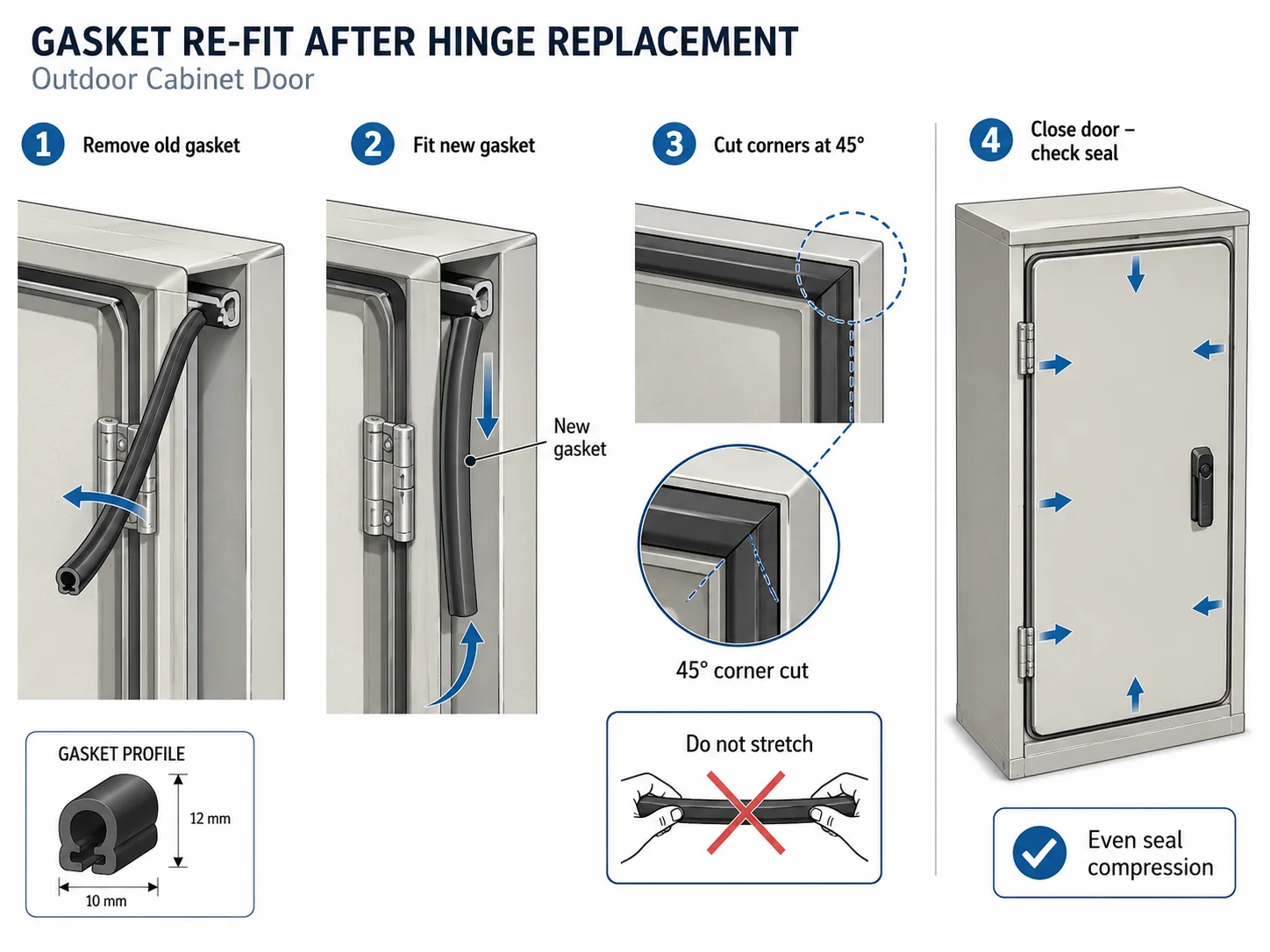 Outdoor cabinet hinge retrofit showing uneven door gap and gasket compression risk