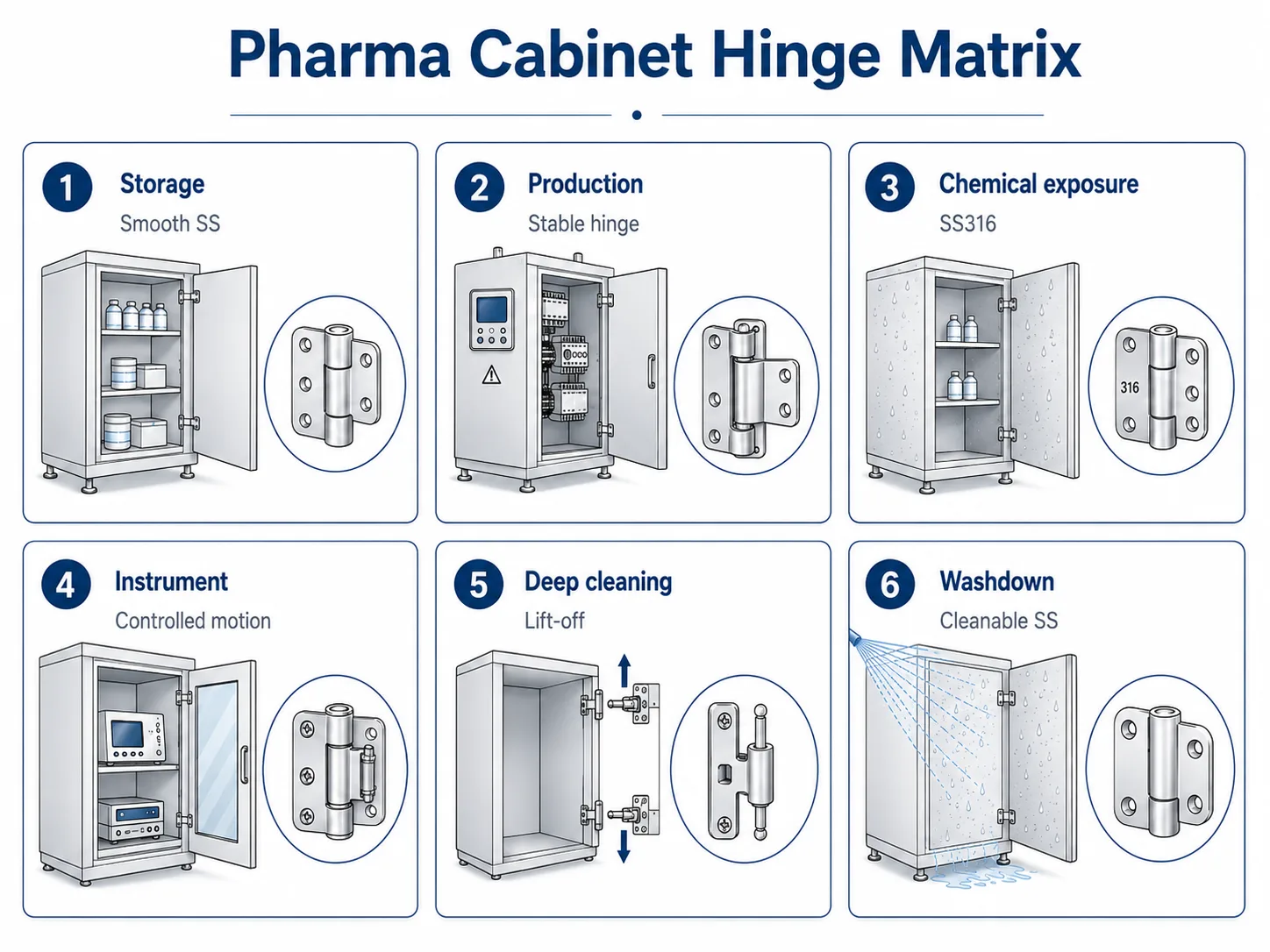 Matrice d'application des charnières d'armoires d'équipements pharmaceutiques pour la production en salle blanche et l'accès au nettoyage en profondeur