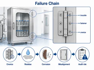 Pharmaceutical cabinet hinge cleanability failure chain from crevices to cleaning deviation