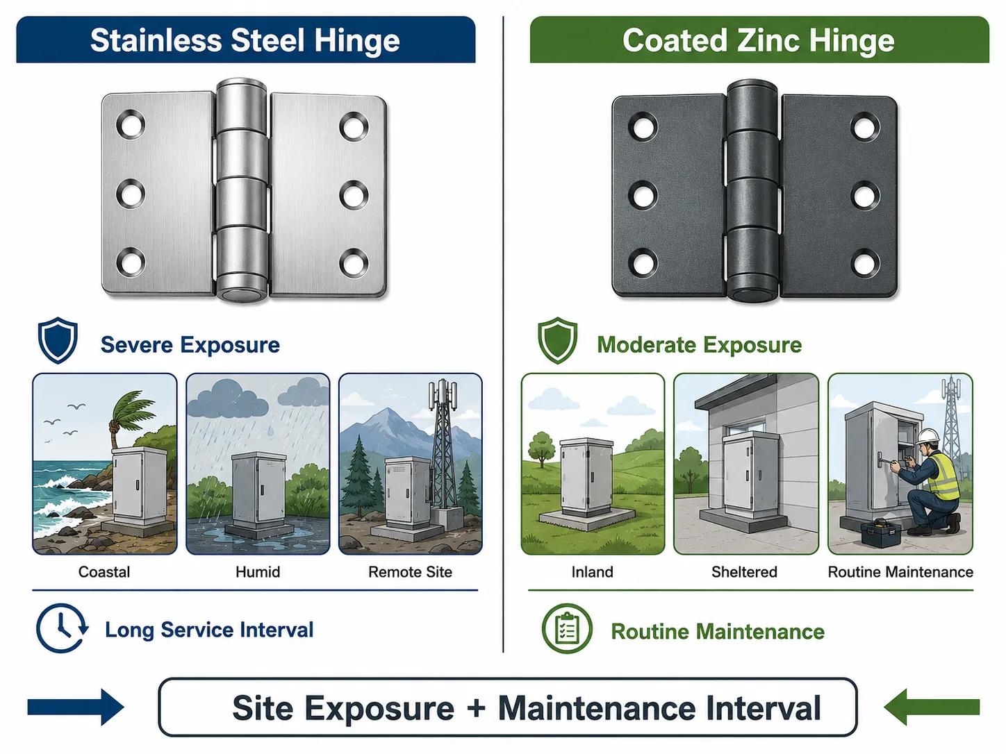 Stainless steel and coated zinc hinge comparison for telecom cabinet exposure conditions